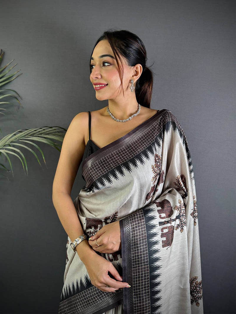 Block Printed Coffee Brown Ghicha Silk Saree