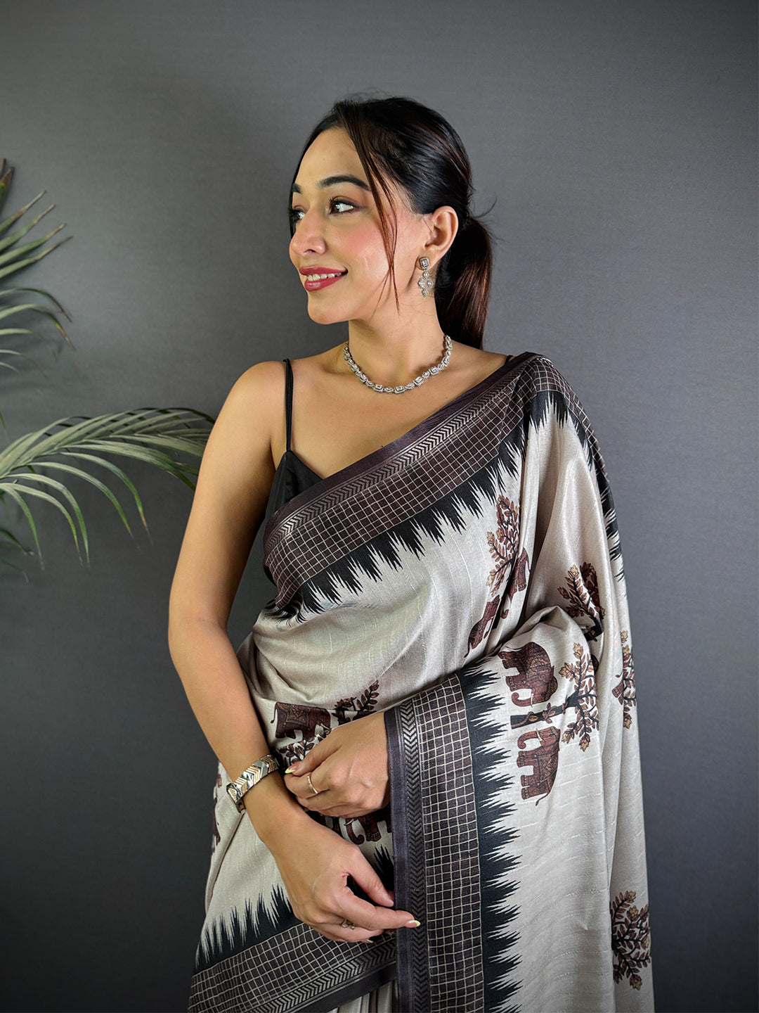 Block Printed Coffee Brown Ghicha Silk Saree