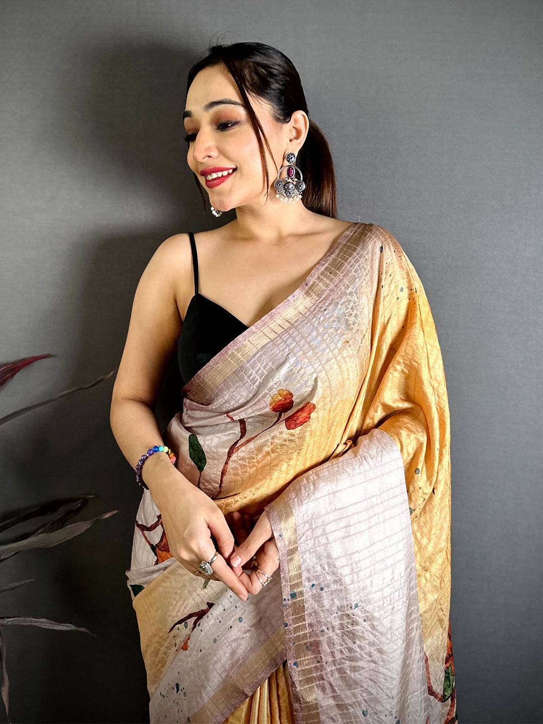Pastel Yellow Ghicha Tussar Floral Saree