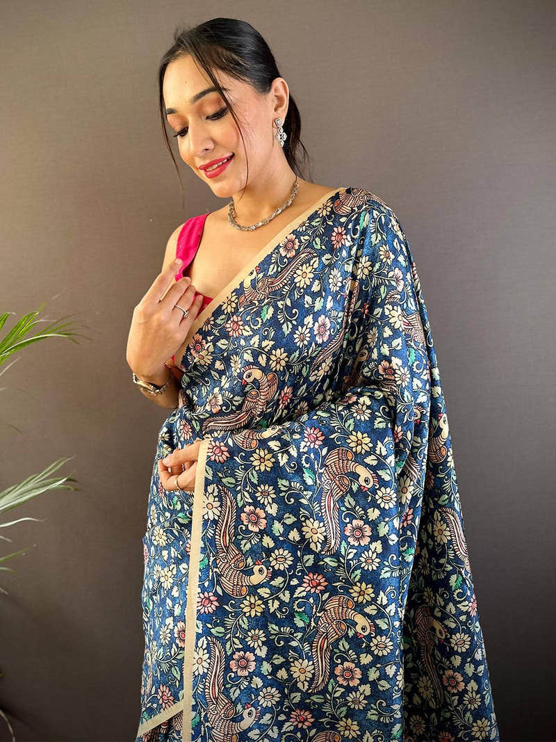 Kalamkari Floral Print Gamthi Soft Silk Saree