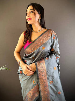 Grey Soft Silk Coppar Zari Weaving Saree