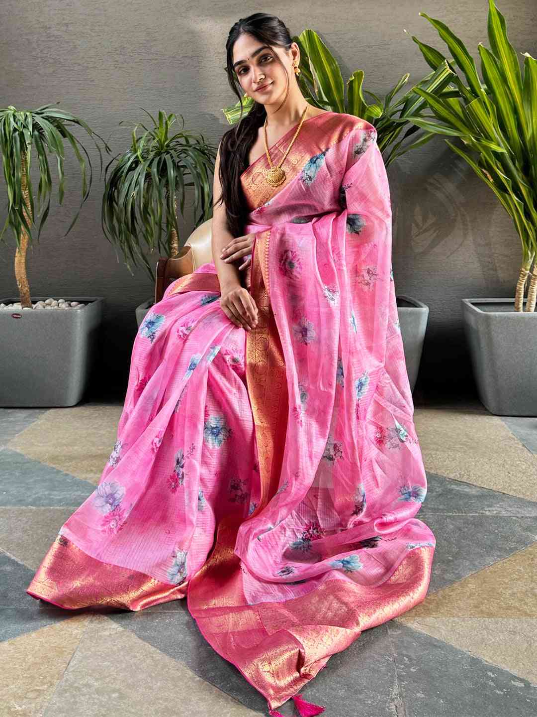 Pink digital flower print Kota silk saree draped elegantly