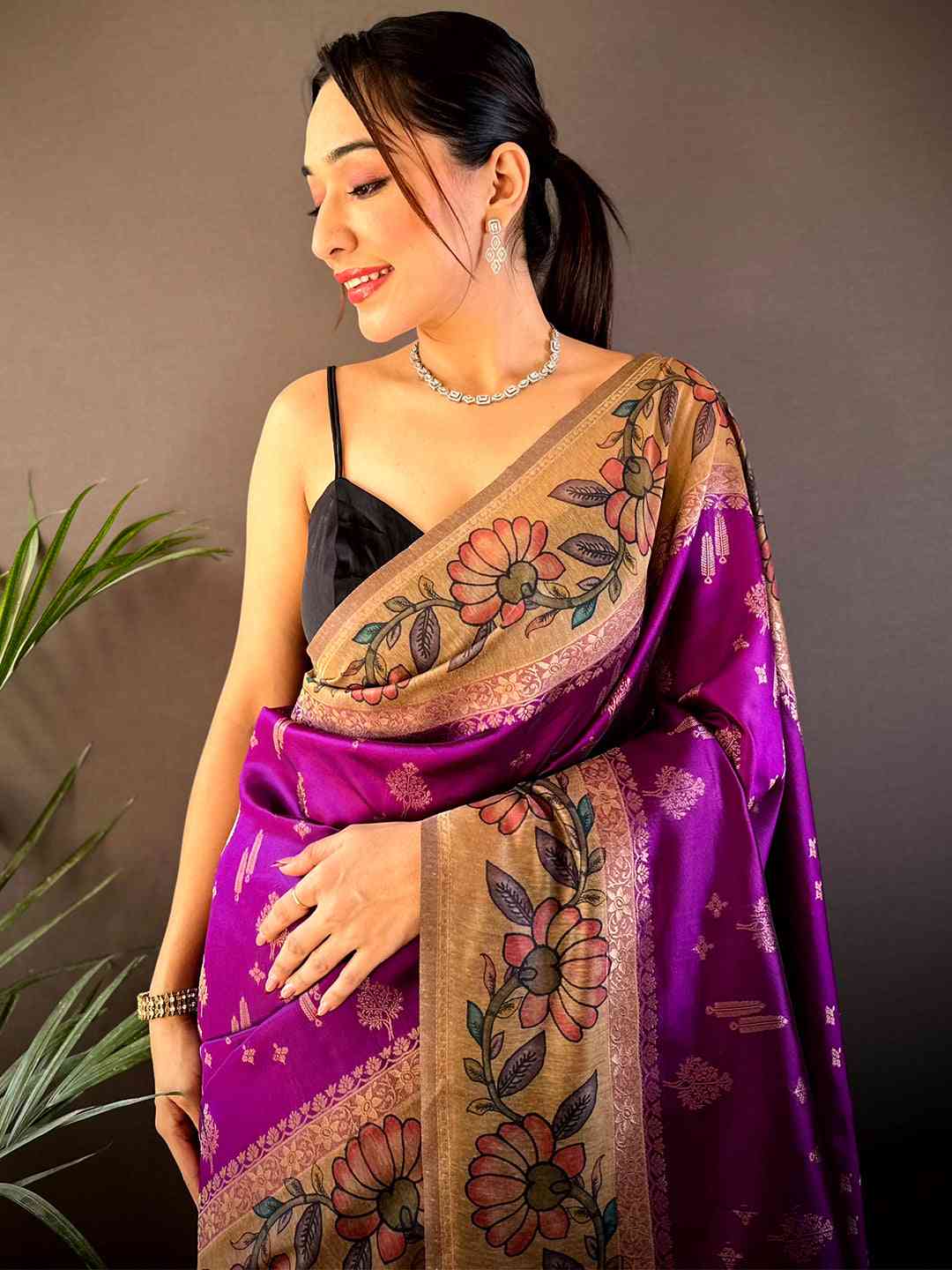 Purple Soft Silk Kalamkari Printed Pallu Saree
