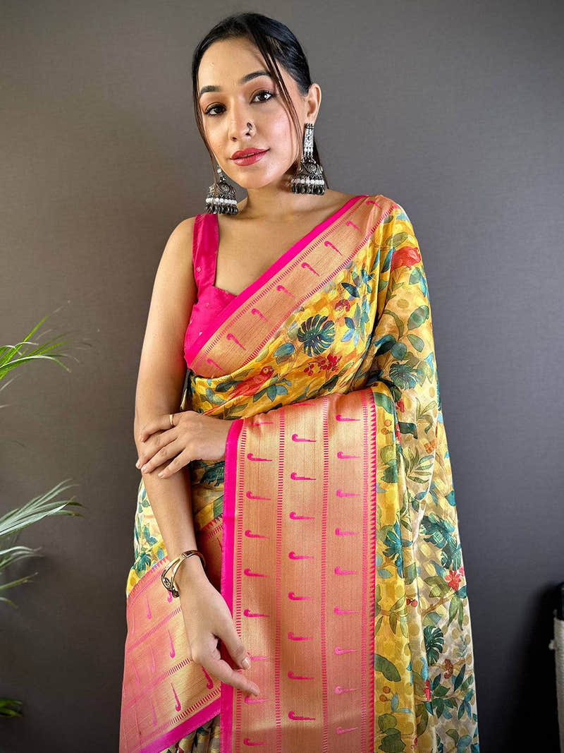 Yellow Floral Paithani Kora Silk Saree