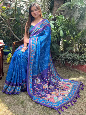 Royal Blue Linen Saree with Bandhej and Kalamkari Print