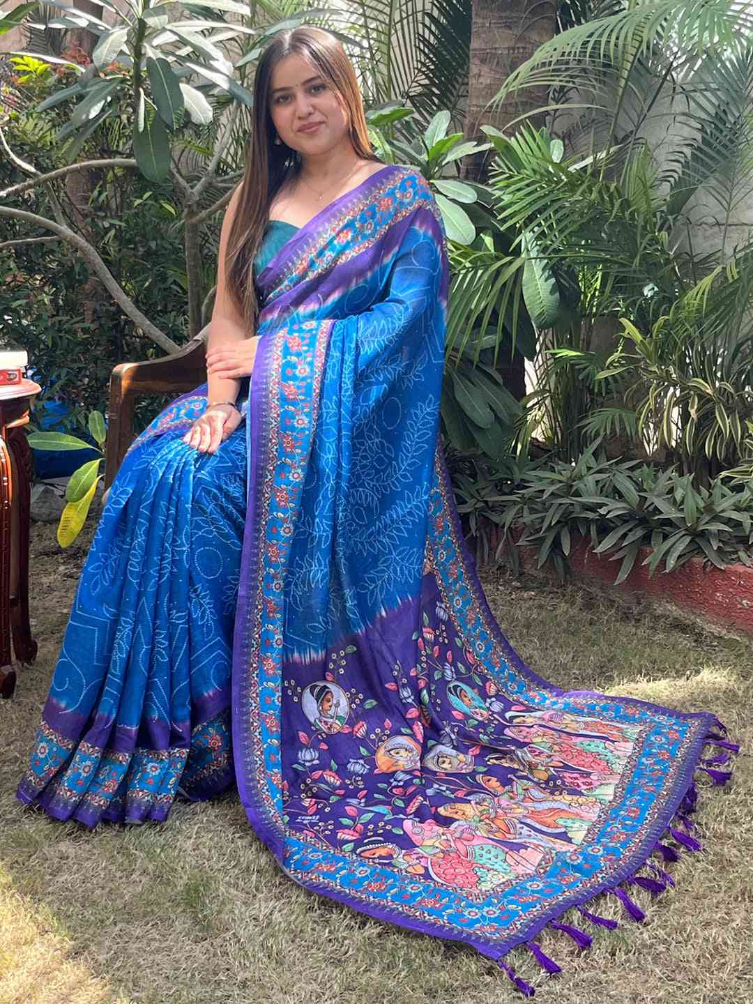Royal Blue Linen Saree with Bandhej and Kalamkari Print