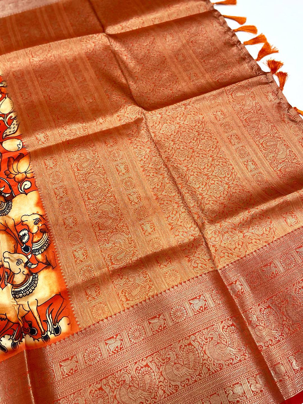 Orange Digital Kalamkari Banarasi Saree