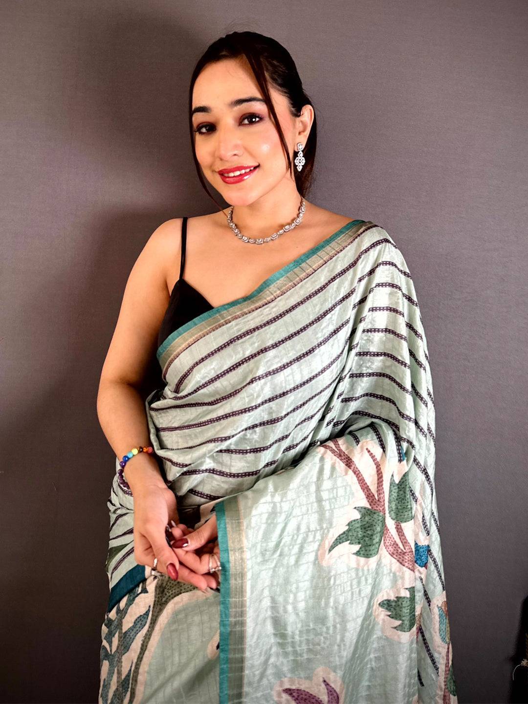 Mint Green Tussar Ghicha Floral Bird Saree