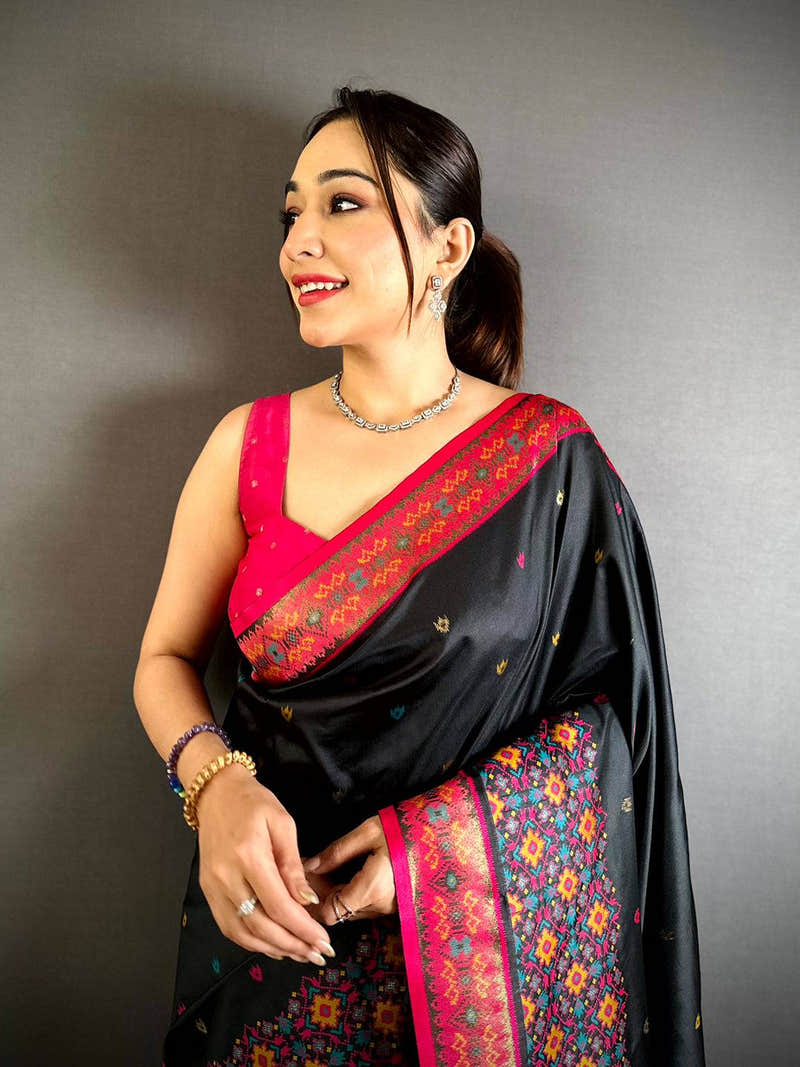 Black Double Ikat Soft Silk Saree