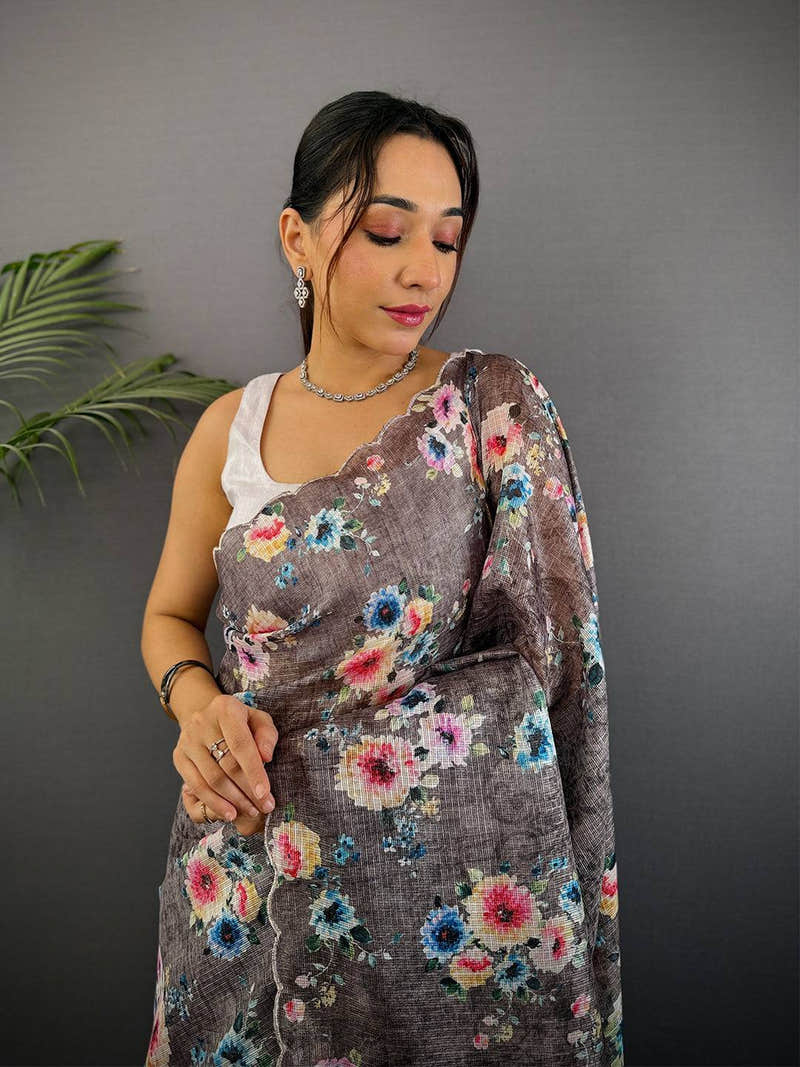 Charcoal Brown Kota Floral Digital Cut Work Saree