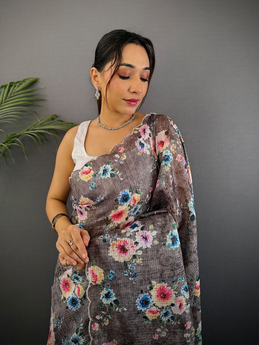Charcoal Brown Kota Floral Digital Cut Work Saree