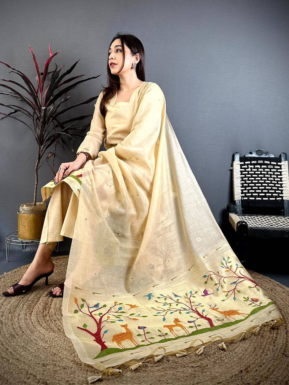 Classic Beige Floral Weave Dress