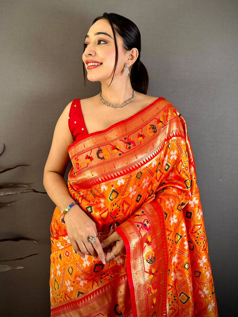 Orange Patola Silk Zari Weaving Saree