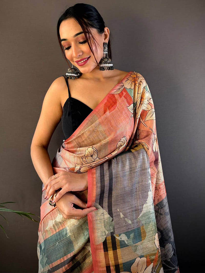 Pink Semi-Gold Zari Abstract Tussar Saree
