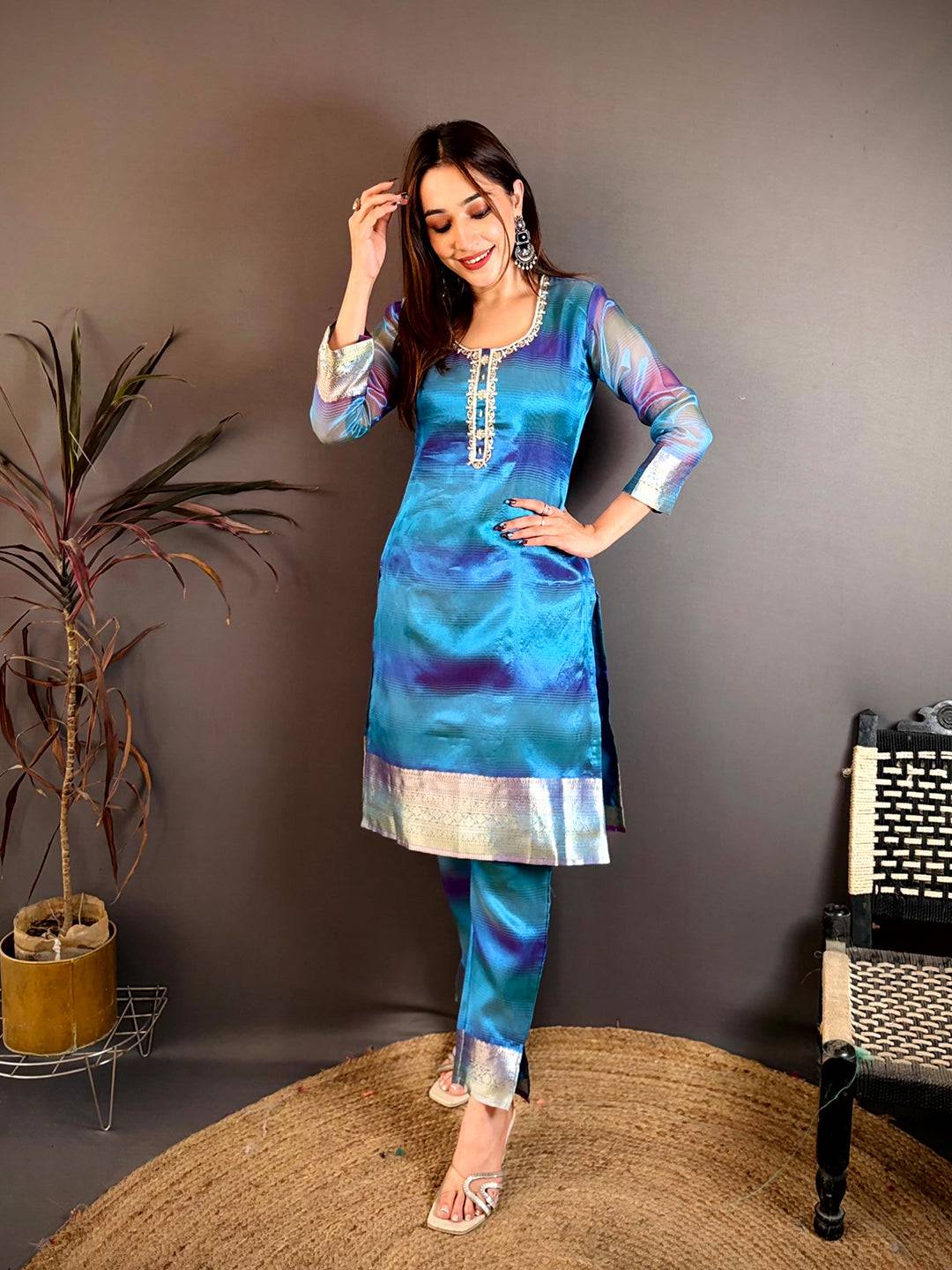 Elegant Tissue Silk Round Neck Kurti