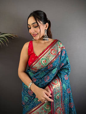 Elegant Denim Blue Pochampally Patola Silk Saree

