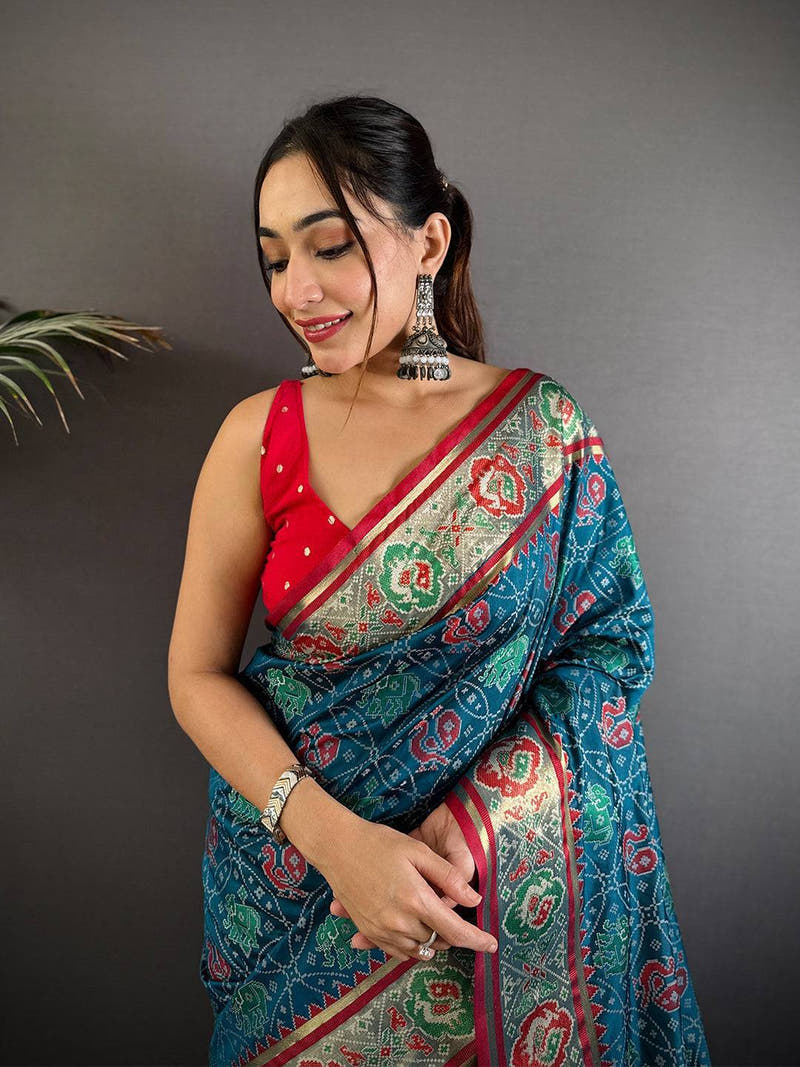 Elegant Denim Blue Pochampally Patola Silk Saree

