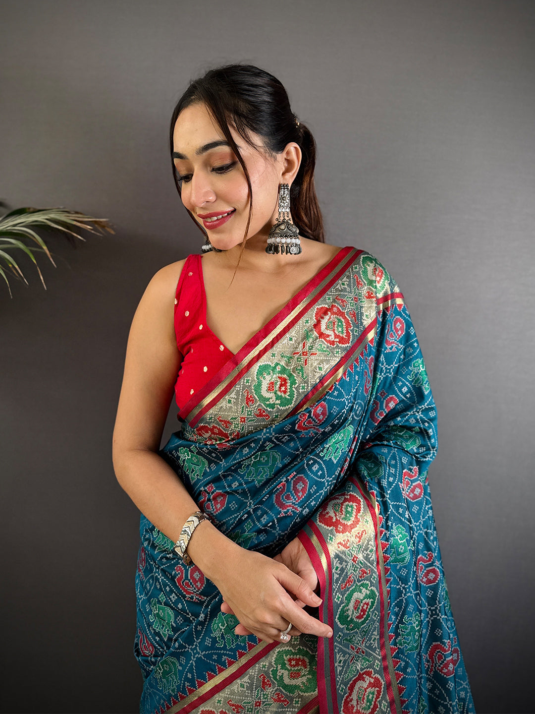 Elegant Denim Blue Pochampally Patola Silk Saree