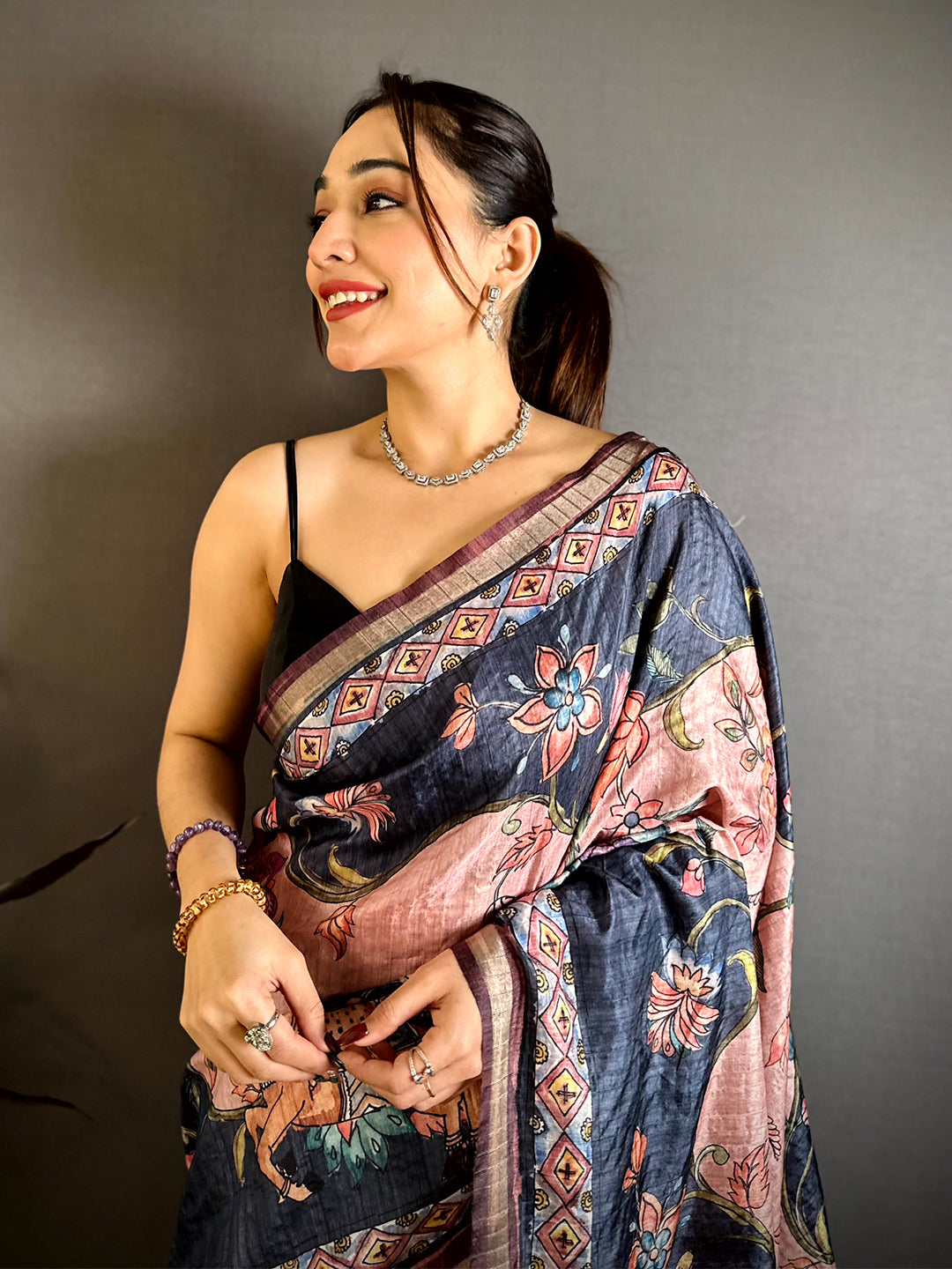 Graceful Tussar Ghicha Kalamkari Saree
