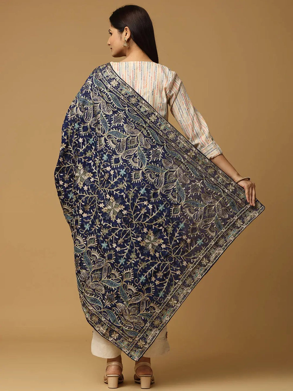 Back view of navy chiffon dupatta with detailed embroidery