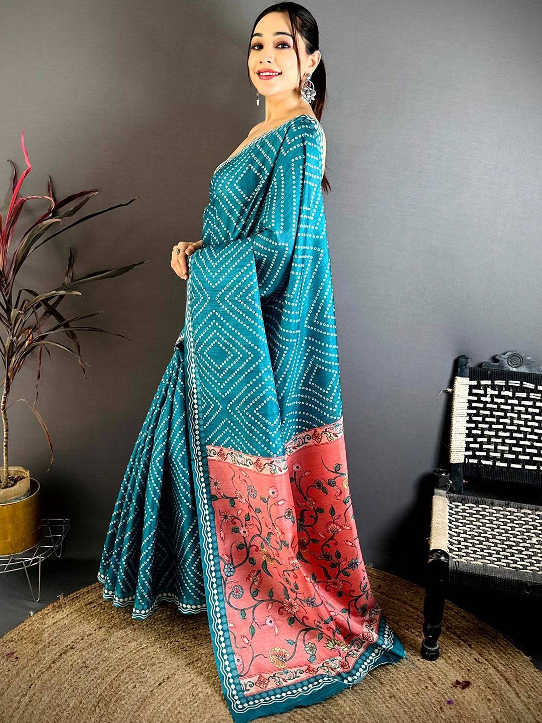 Royal Tussar Bandhej Kalamkari Saree