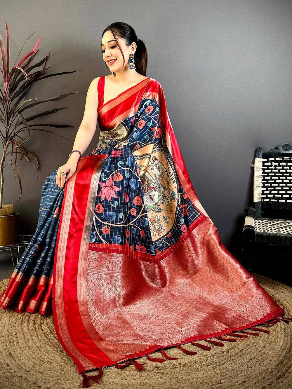 Navy Soft Silk Gadwal Kalamkari Saree