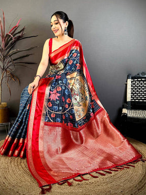 Navy Soft Silk Gadwal Kalamkari Saree