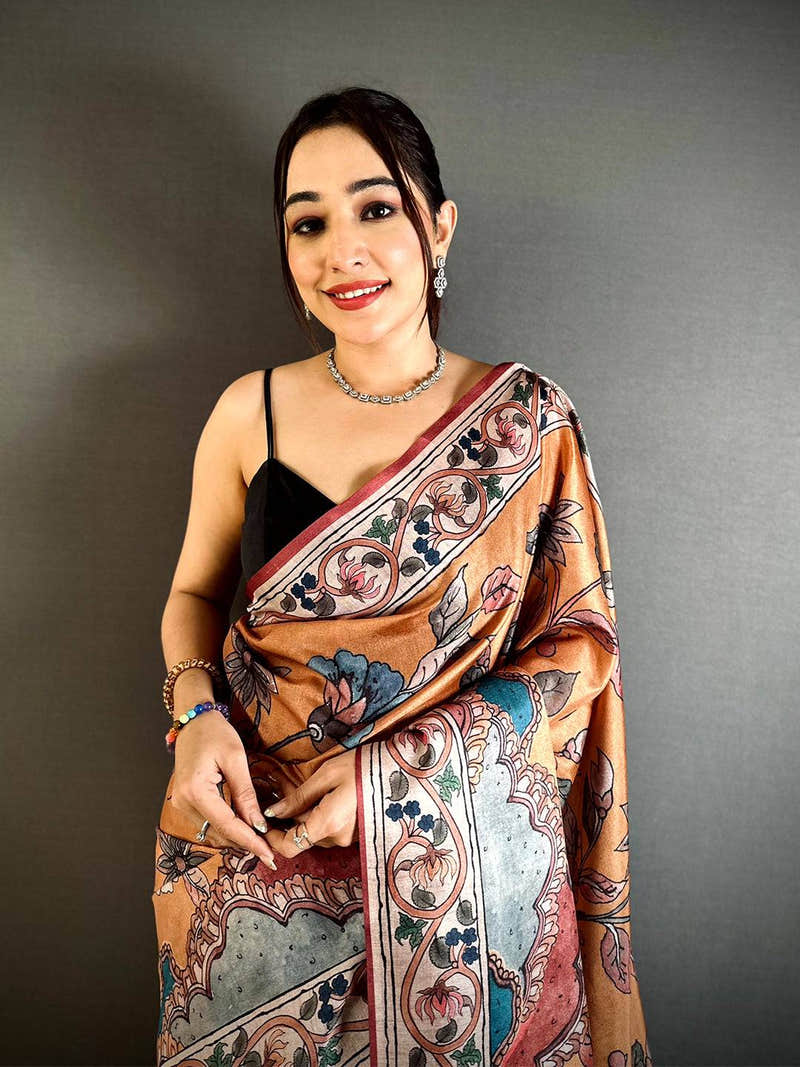 Radiant Dark Floral Soft Tussar Saree