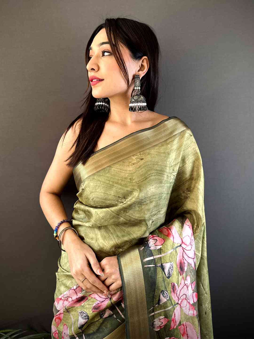 Olive Floral Grace Soft Silk Tissue Saree