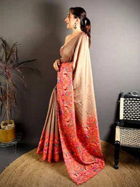 Brown Bird Print Tussar Festive Saree

