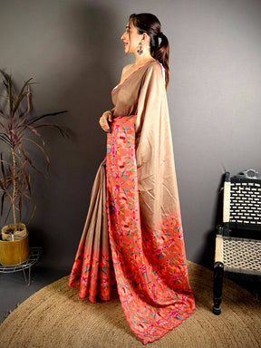 Brown Bird Print Tussar Festive Saree

