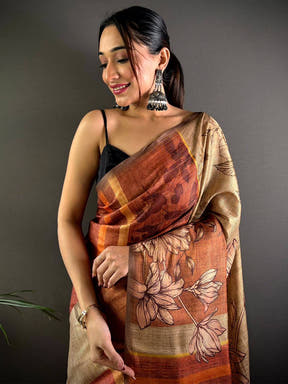 Coffee Brown Semi Gold Zari Tussar Saree