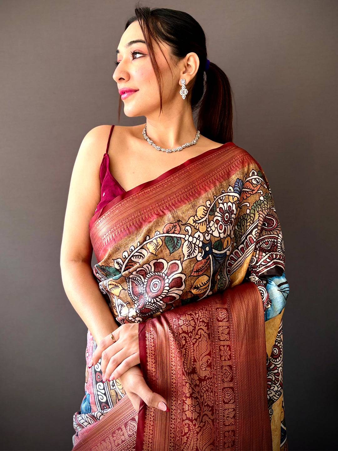 Buff Beige Soft Silk Saree with Pattu Zari Border, front view