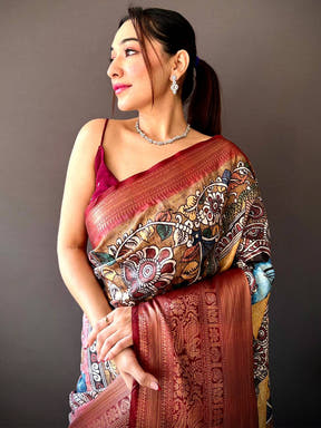 Buff Beige Soft Silk Saree with Pattu Zari Border, front view