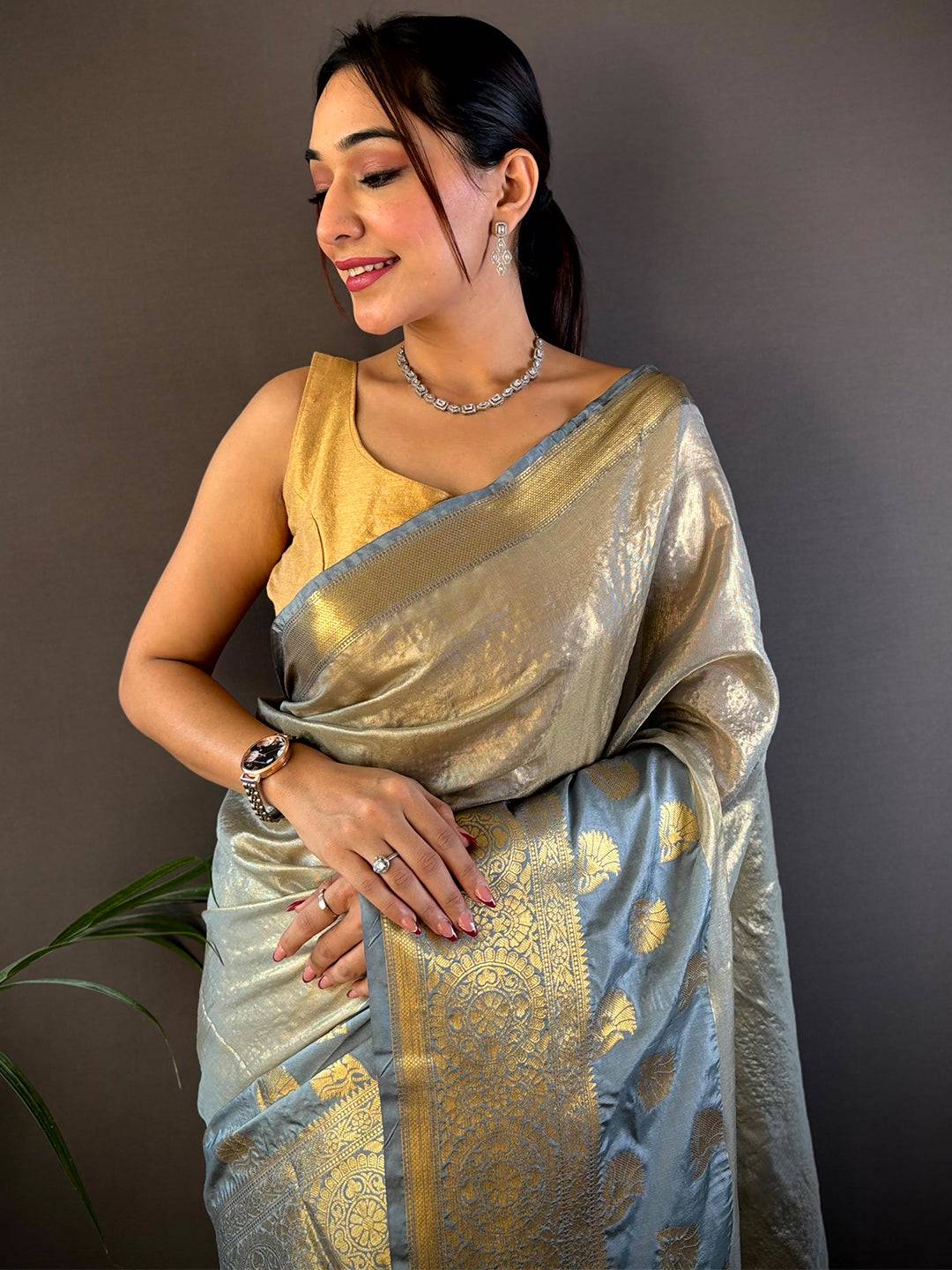 Gold Tissue Saree With Jacquard Woven Work