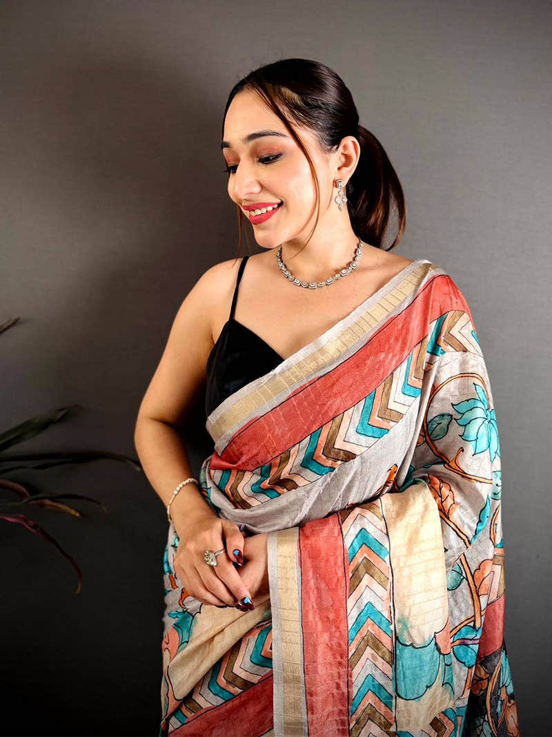 Classic Pen Kalamkari Ghicha Tussar Saree