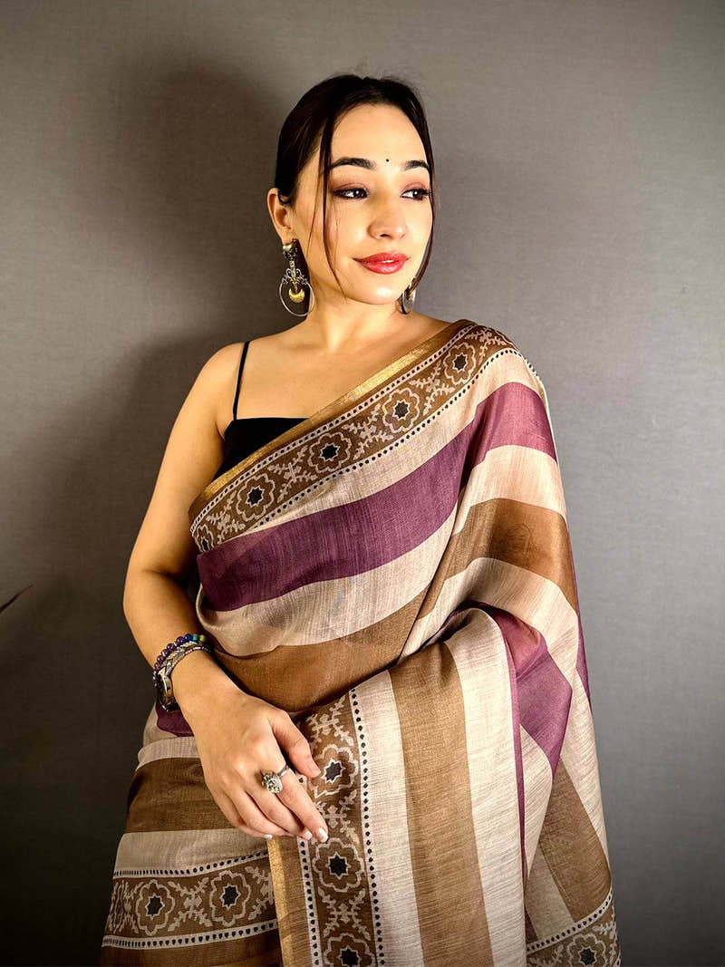 Heritage Stripe Linen Chanderi Saree