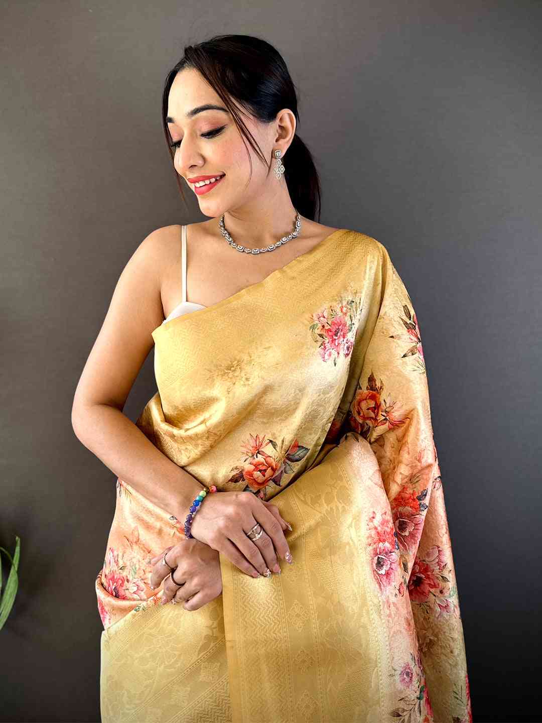 Golden Yellow Kanjivaram Digital Silk Saree