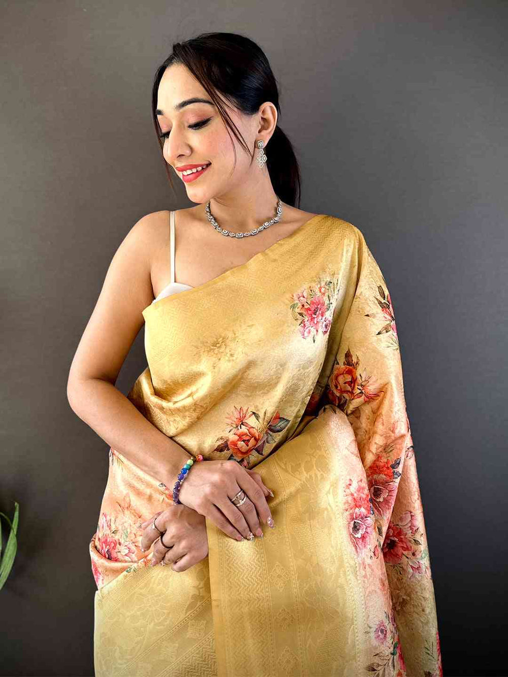 Golden Yellow Kanjivaram Digital Silk Saree