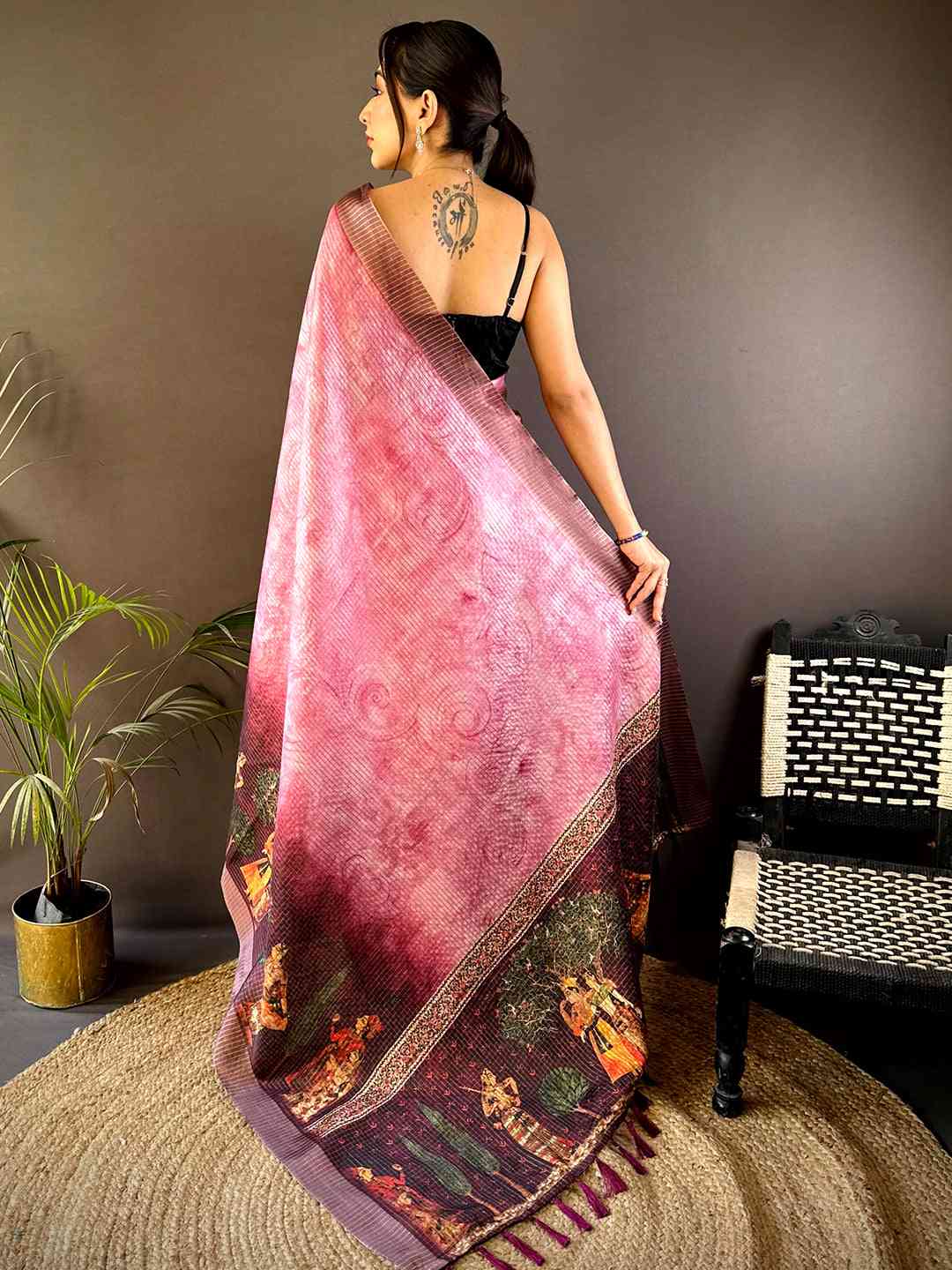 Light Pink Kalamkari Pichwai Black Check Saree