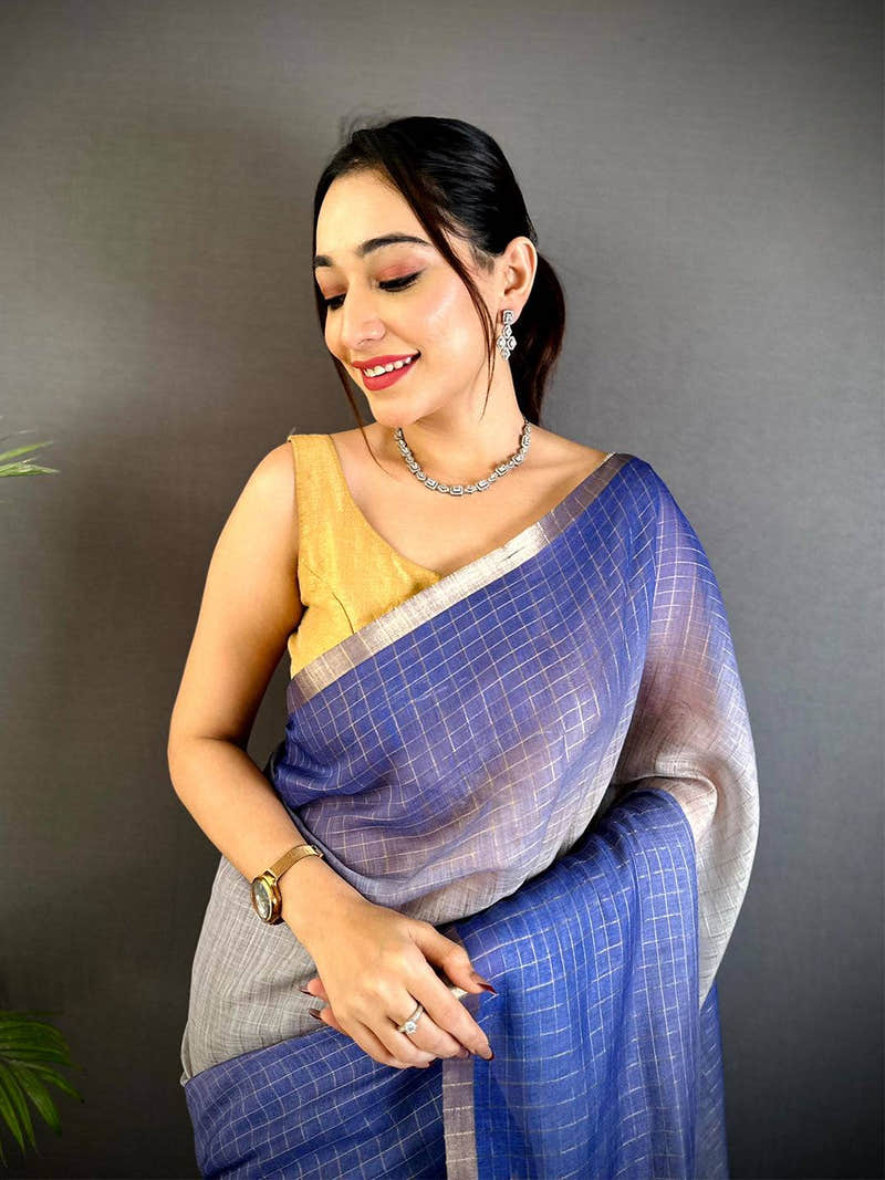 Opulent Self Chex Linen Zari Saree