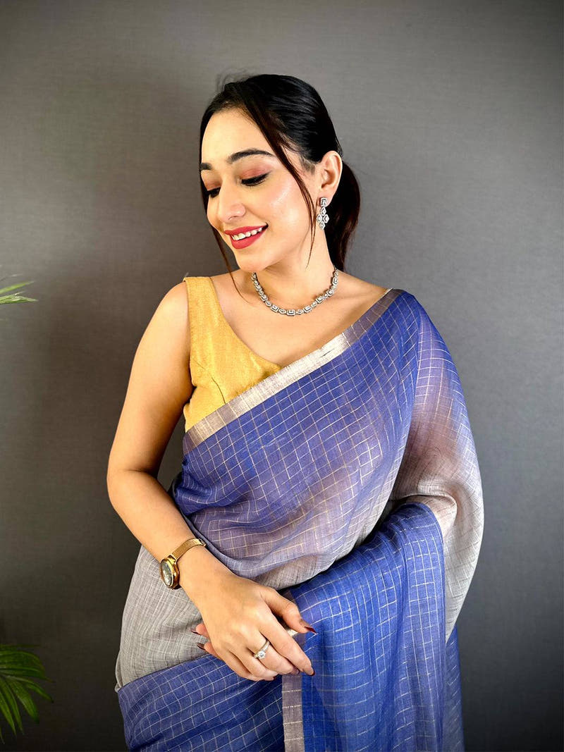 Opulent Self Chex Linen Zari Saree