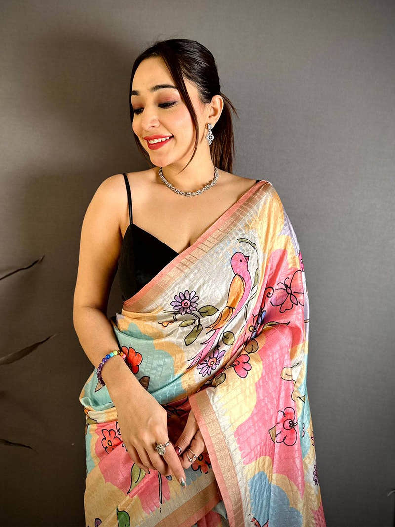 Vibrant Folk Art Tussar Ghicha Saree