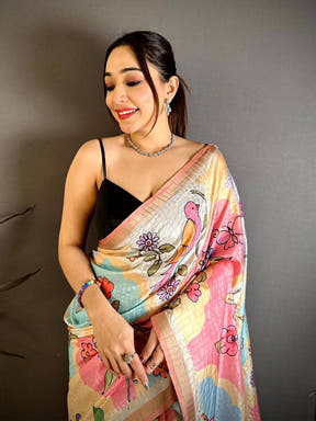 Vibrant Folk Art Tussar Ghicha Saree