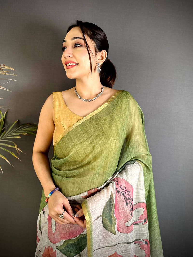 Green Swan Gold Zari Linen Saree