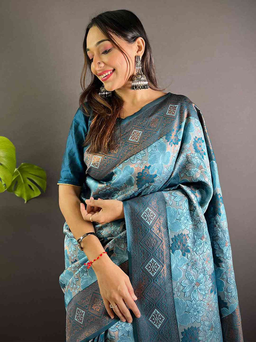 Sky Blue Soft Silk Butta Weaving Saree draped elegantly