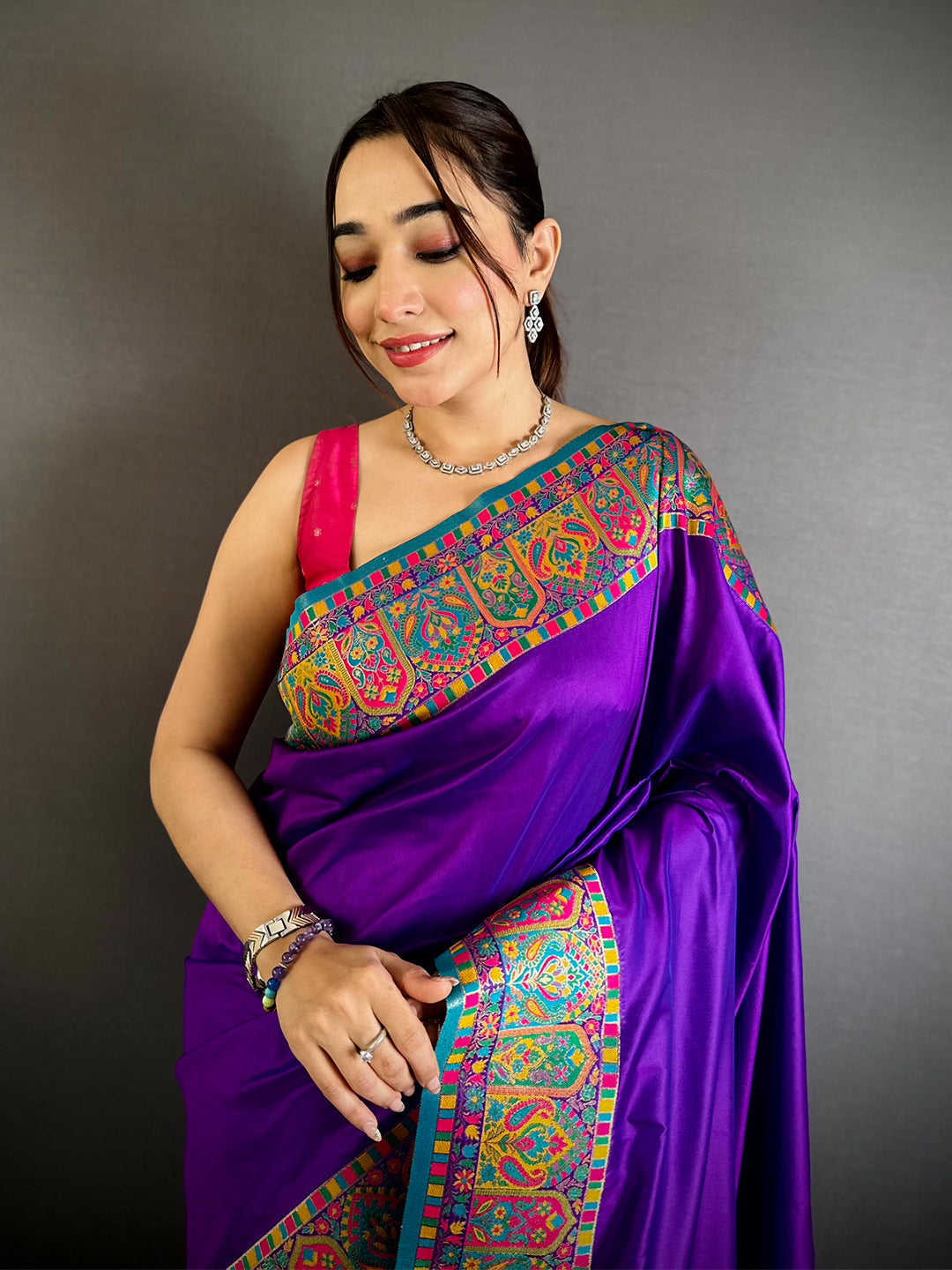 Vibrant Minakari Pashmina Soft Silk Saree


