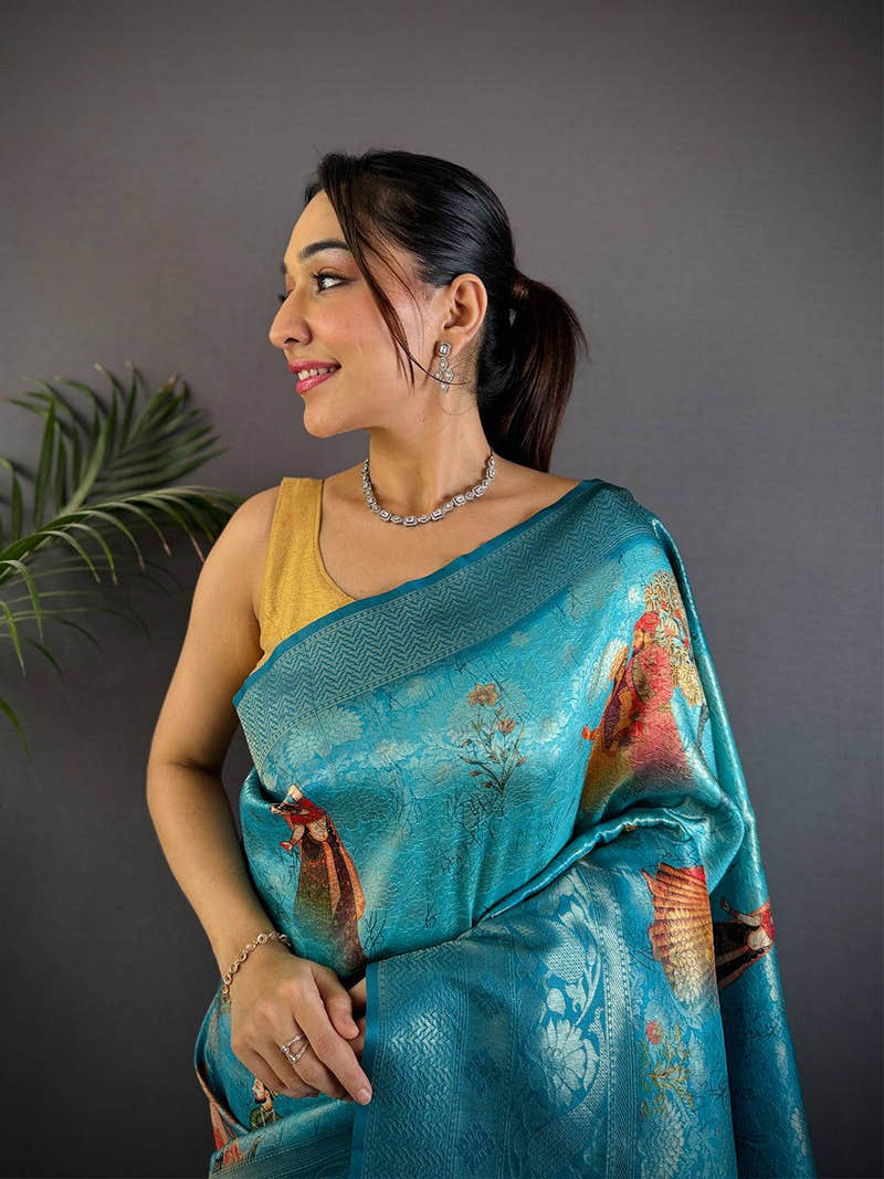 Dark Blue Kanjivaram Silk Digital Print Saree
