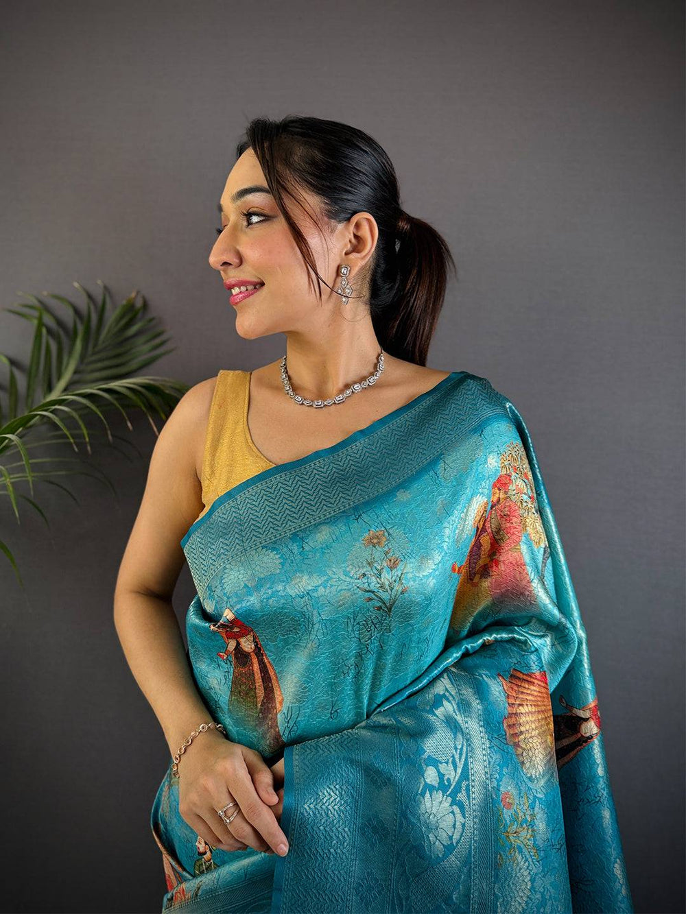 Dark Blue Kanjivaram Silk Digital Print Saree