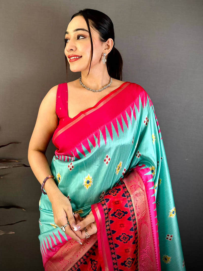 Aqua Contrast Satin Ikat Zari Silk Saree